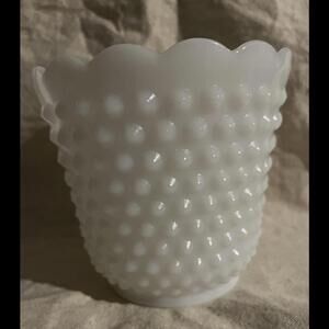 Fire King Oven Ware Milk Glass Hobnail Scalloped White Bowl Vase Planter 4.5”